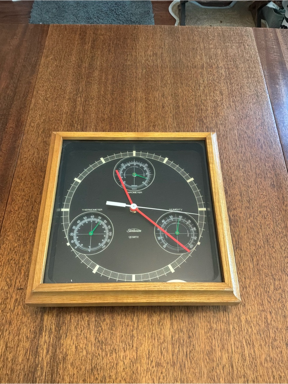 VTG Sunbeam Black Dial Wall Clock/Humidity/Barom. with Wood Frame and Red Hands